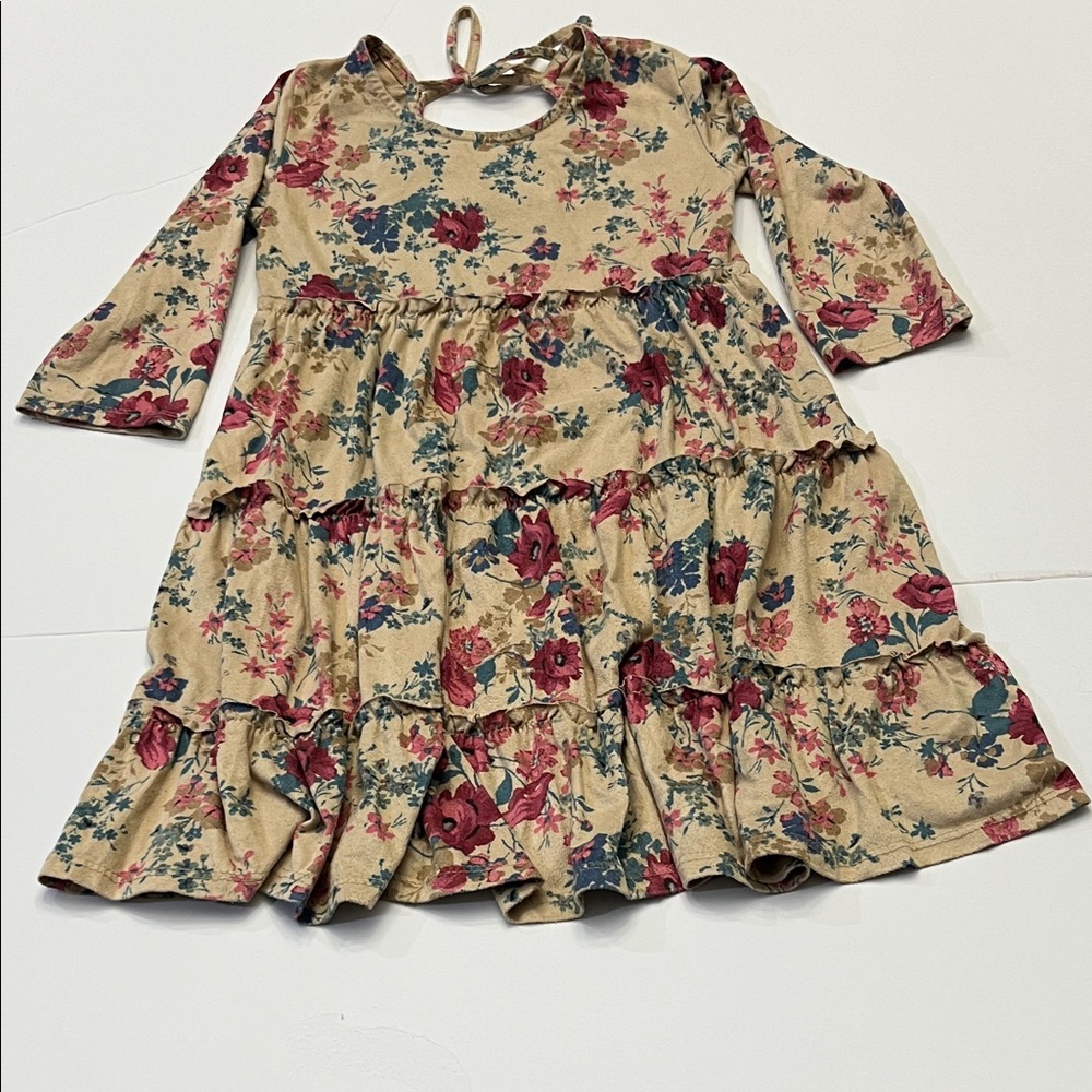 Faux Suede Tan Pink Floral Long Sleeve Kids Dress Velvet Like w Ruffle Dress